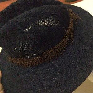Anthropologie Navy Blue Floppy Hat with Feather
